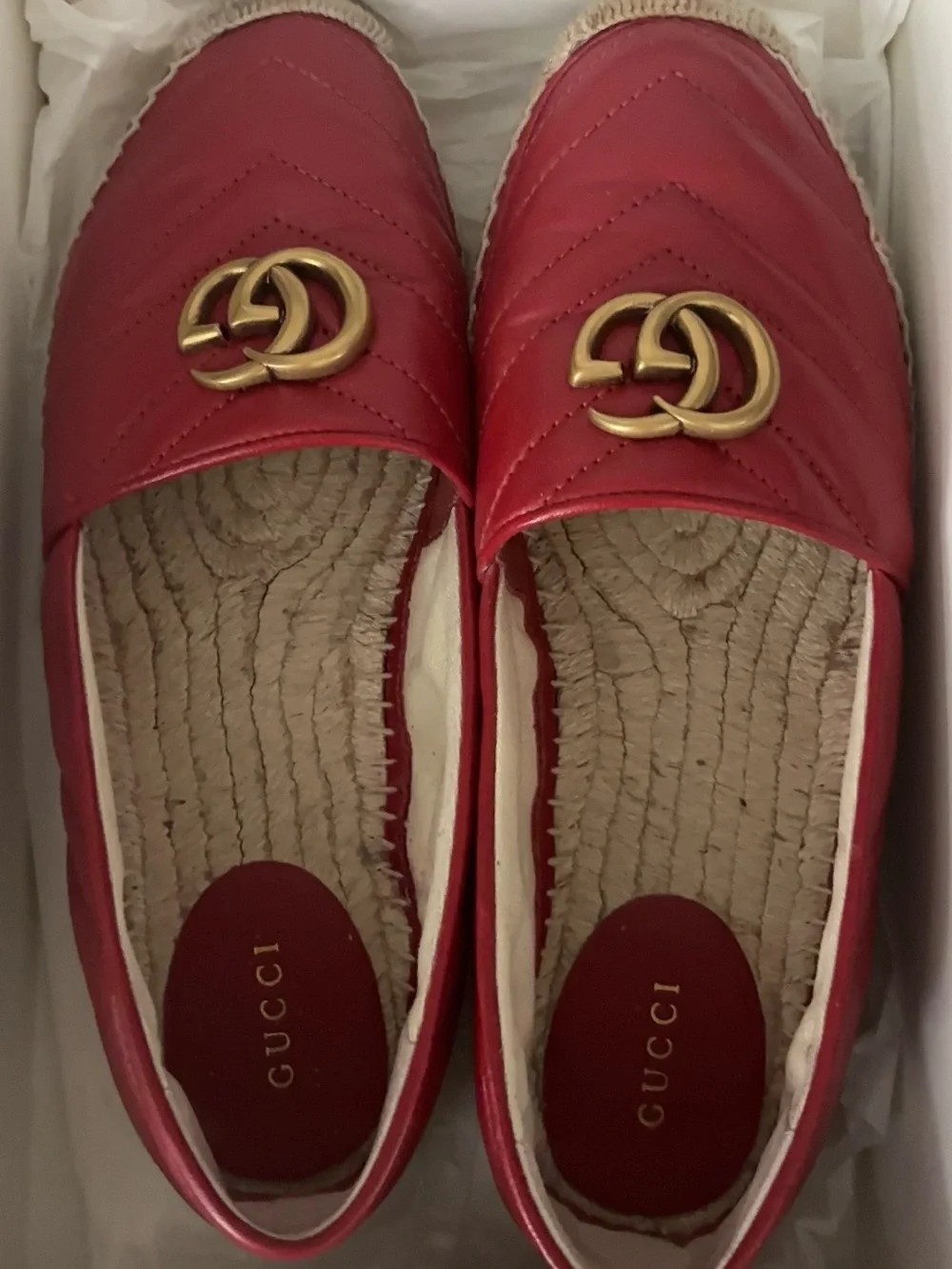Gucci Red Quilted Leather Loafers with Gold Double G